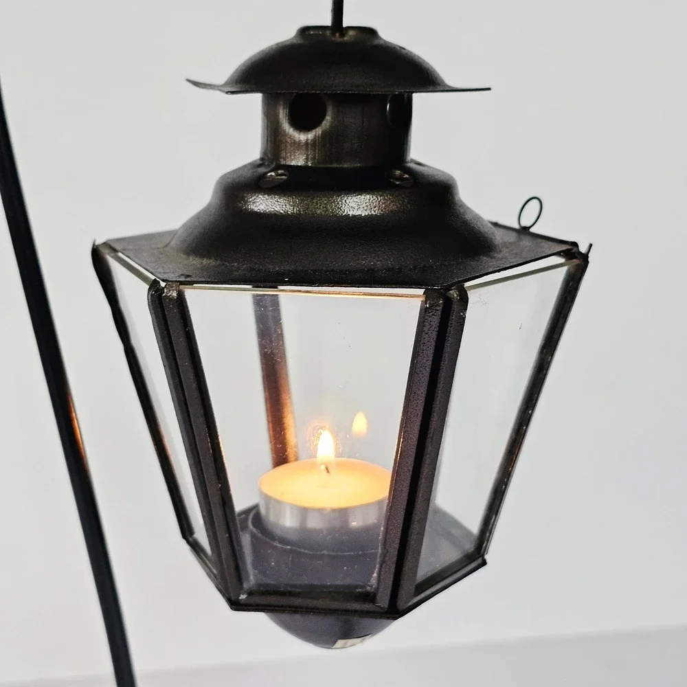 Vintage Indian Hanging Glass Lantern Black Metal Stand Gothic Witchy Home Decor